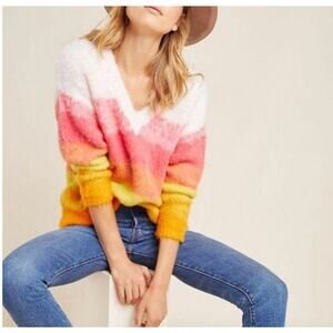 Anthropologie Womens XS Oversized Fuzzy Multicolor Simone Striped V Neck Sweater